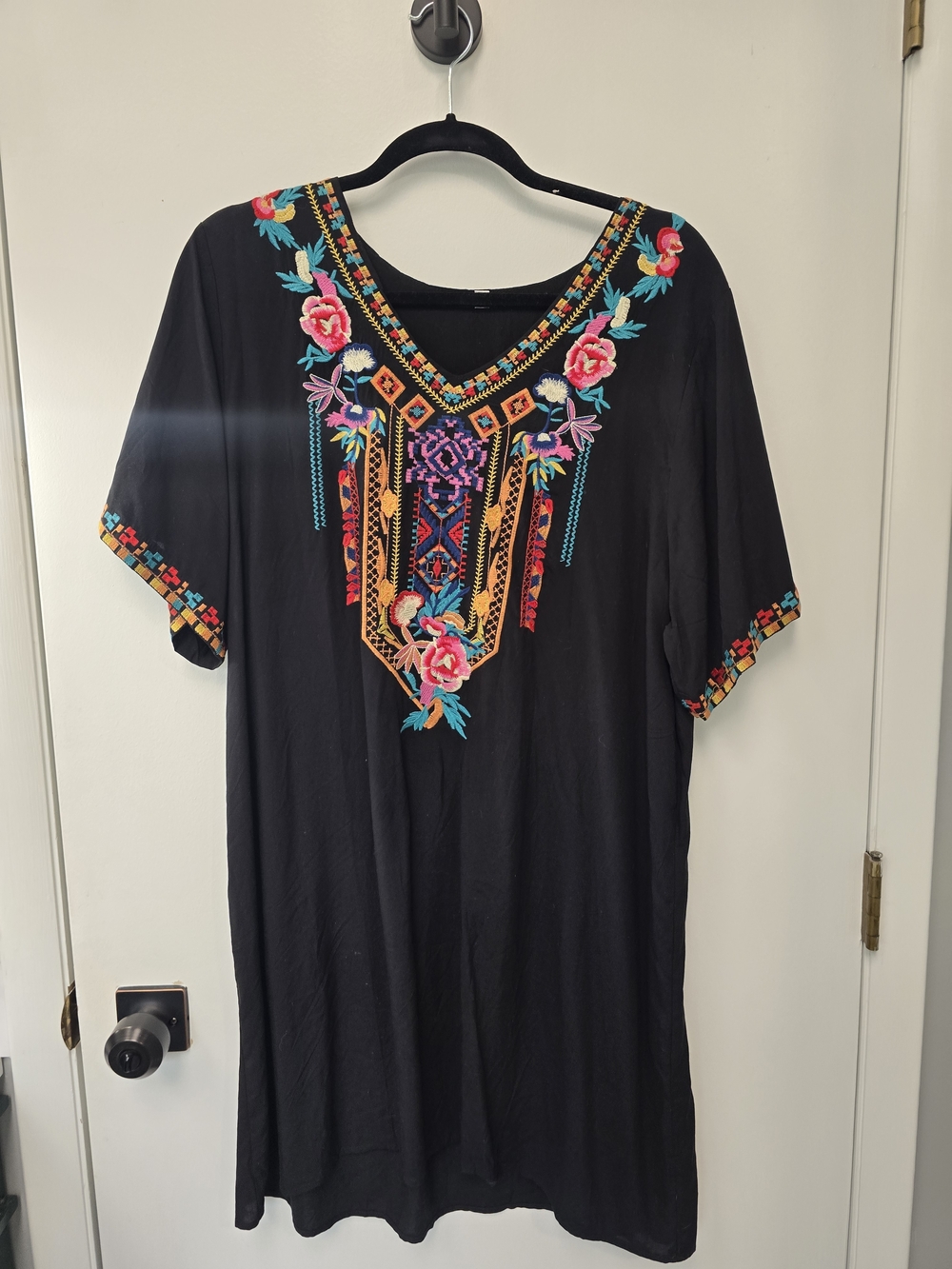 Black Embroidered Short Sleeve Tunic Dress Multi Colored Ethnic Embroidery LRG